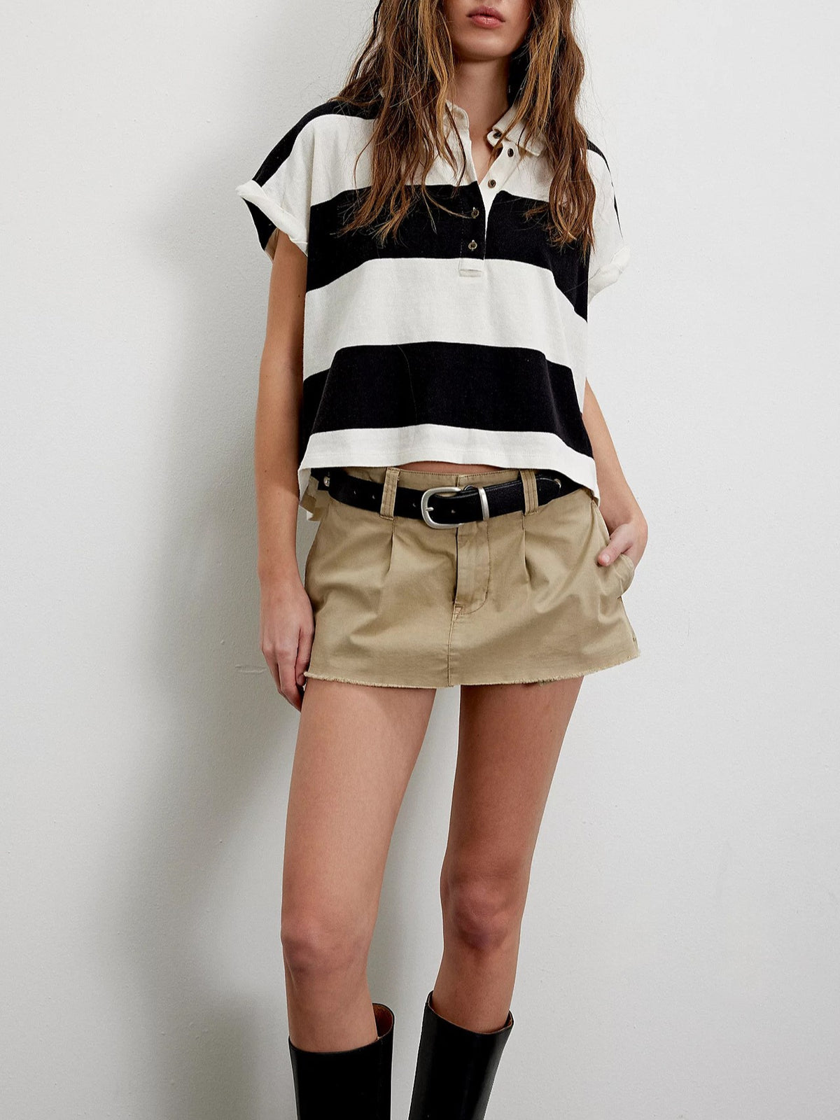 Block Stripe Half Button Boxy Polo Tee - black - 4