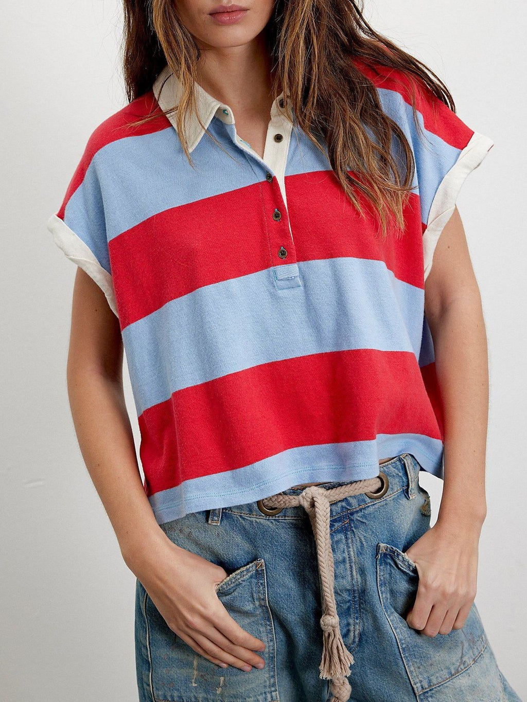 Block Stripe Half Button Boxy Polo Tee - red