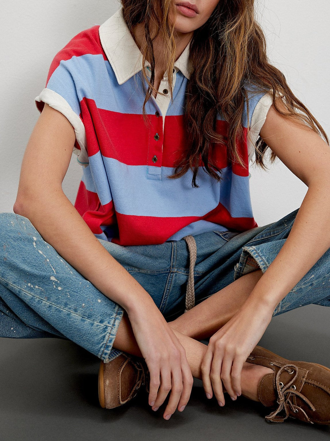 Block Stripe Half Button Boxy Polo Tee - red - 1