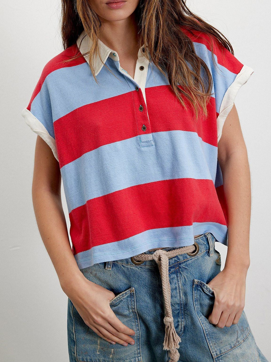 Block Stripe Half Button Boxy Polo Tee - red - 2
