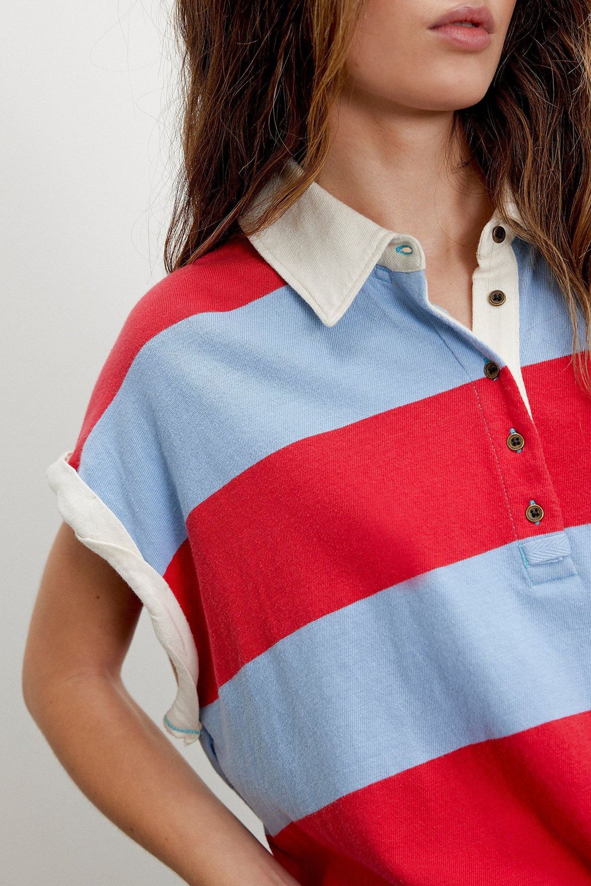 Block Stripe Half Button Boxy Polo Tee - red - 3