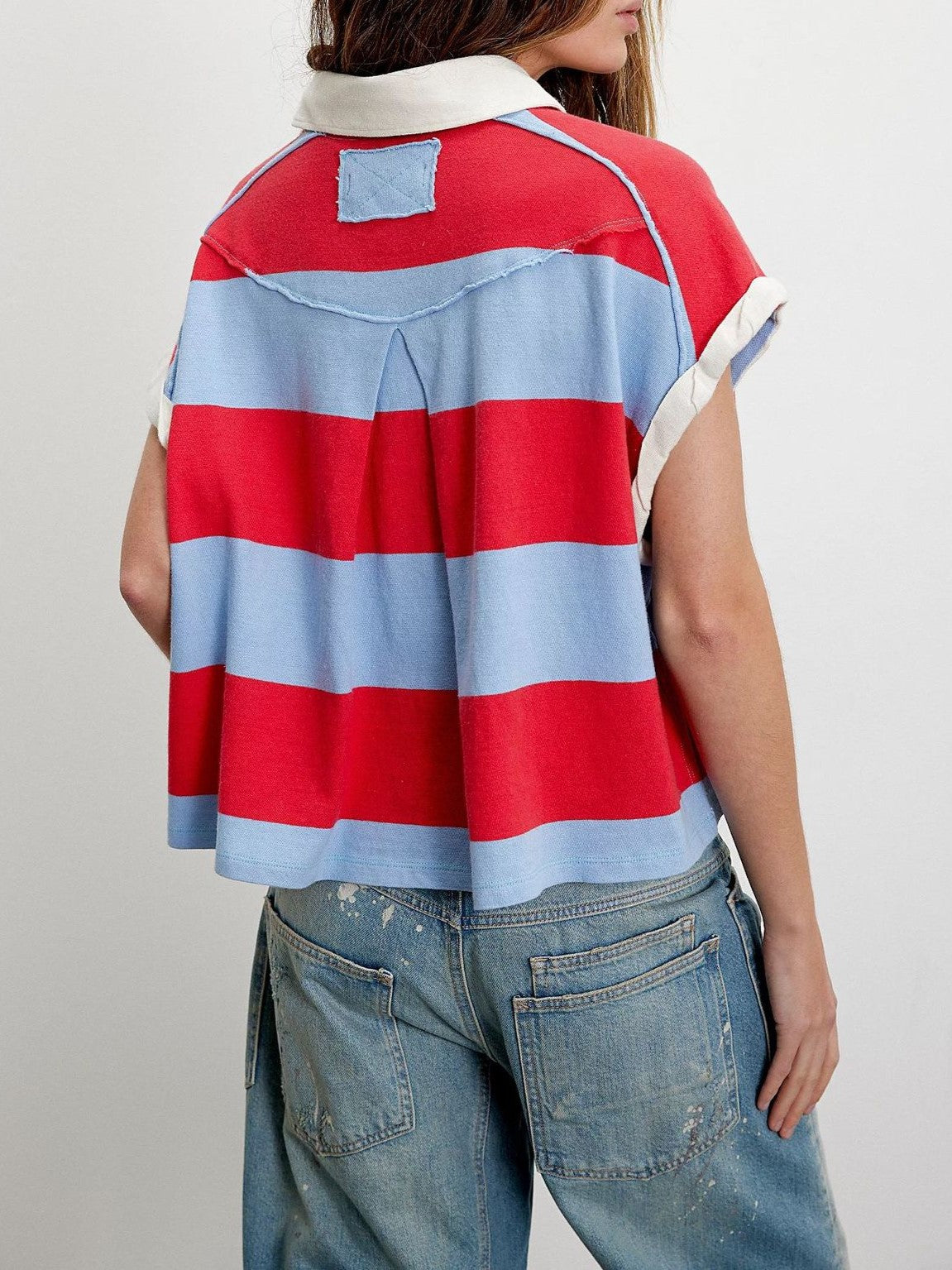 Block Stripe Half Button Boxy Polo Tee - red - 4