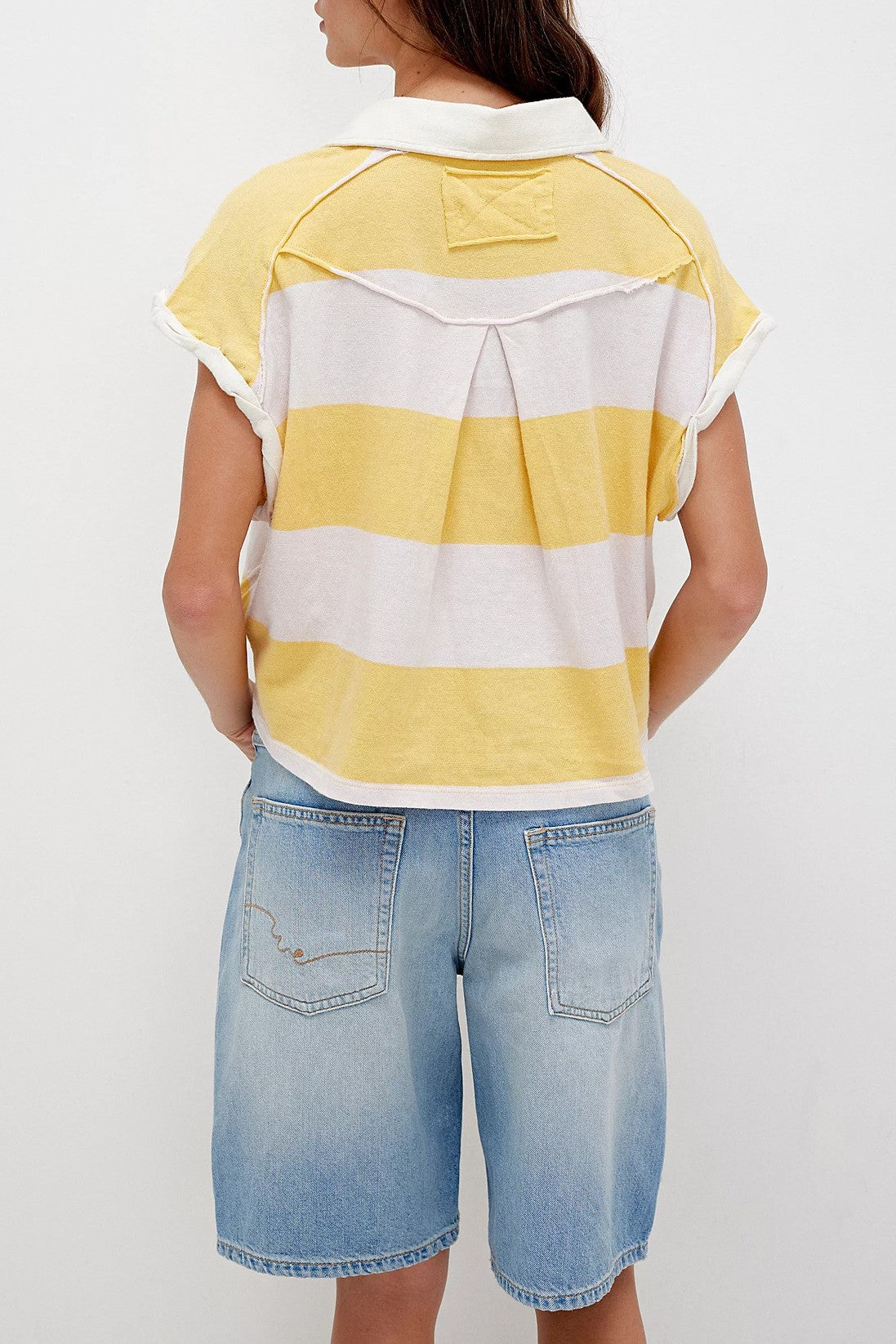 Block Stripe Half Button Boxy Polo Tee - yellow - 2