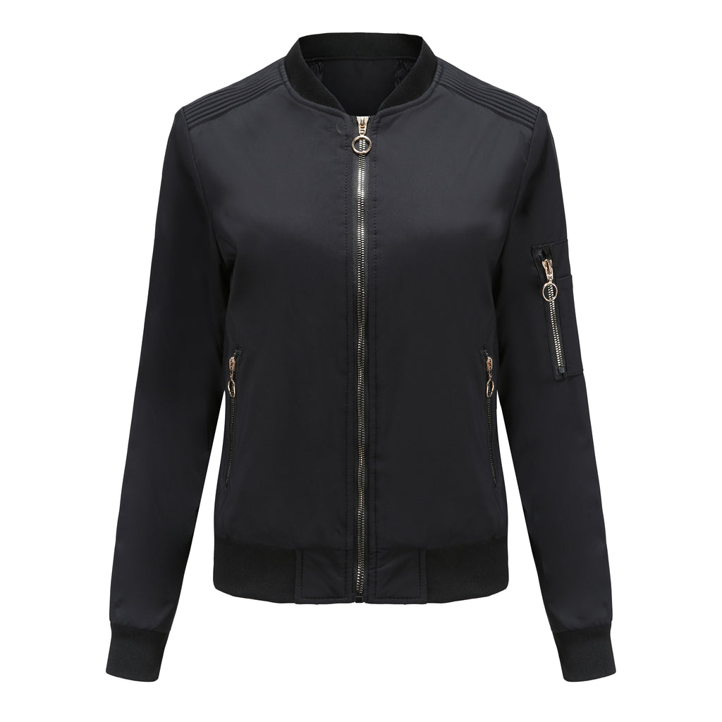 Ring Zip Quilted Lined Bomber Jacket - Black