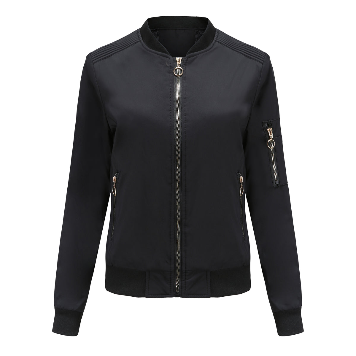 Ring Zip Quilted Lined Bomber Jacket - Black
