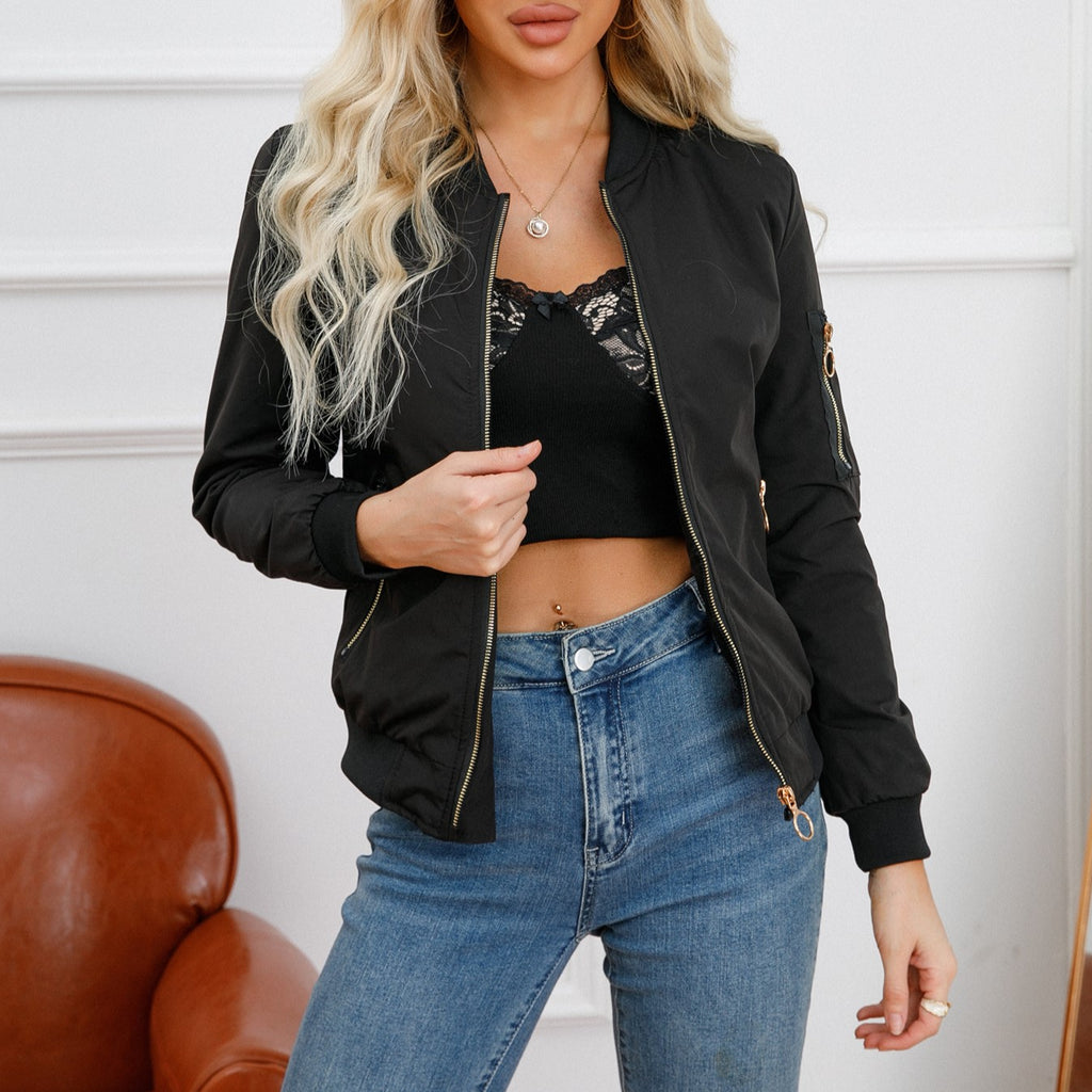 Ring Zip Quilted Lined Bomber Jacket - Black - 1