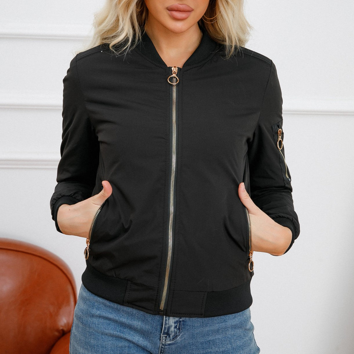 Ring Zip Quilted Lined Bomber Jacket - Black - 10