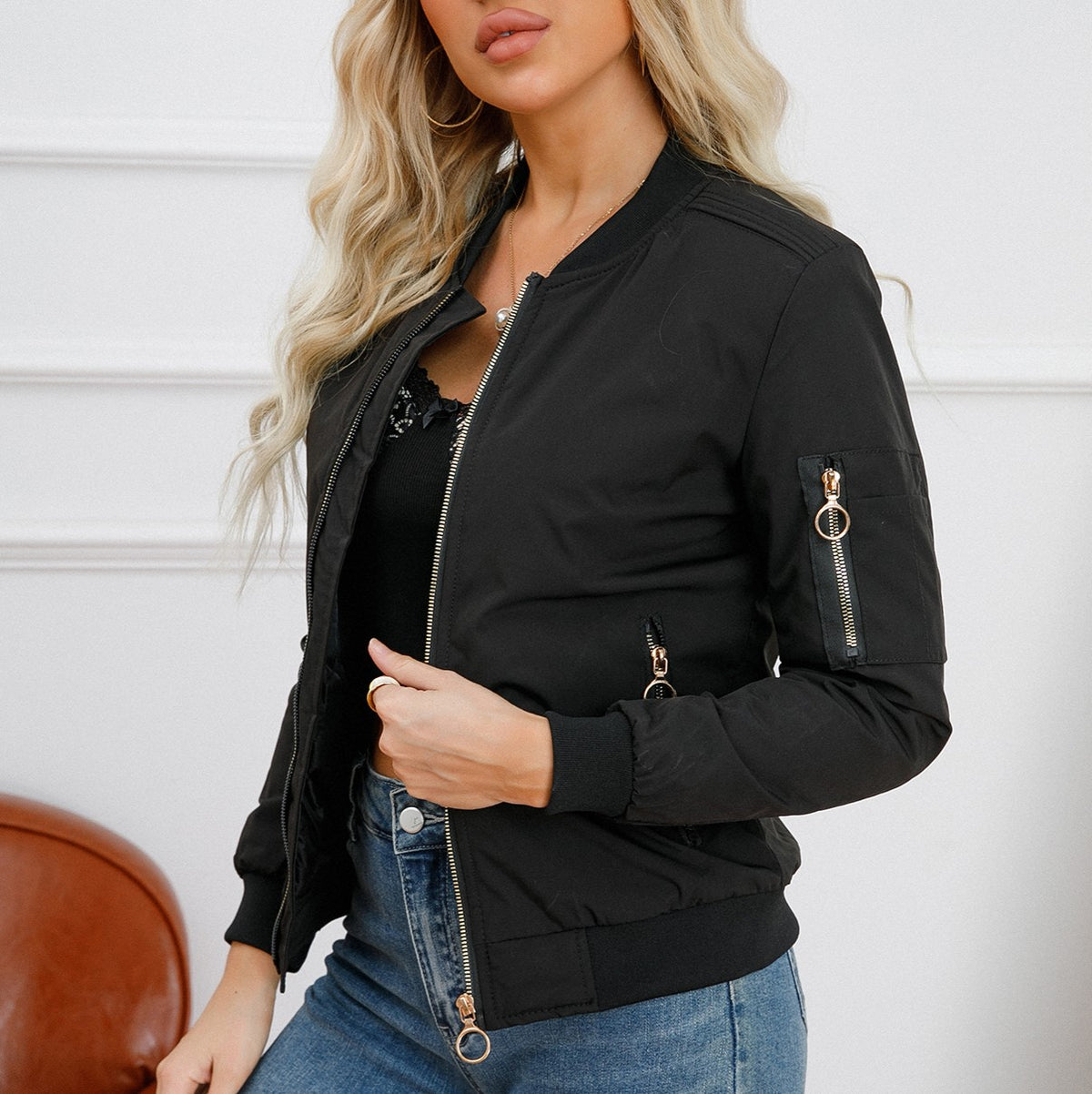 Ring Zip Quilted Lined Bomber Jacket - Black - 5
