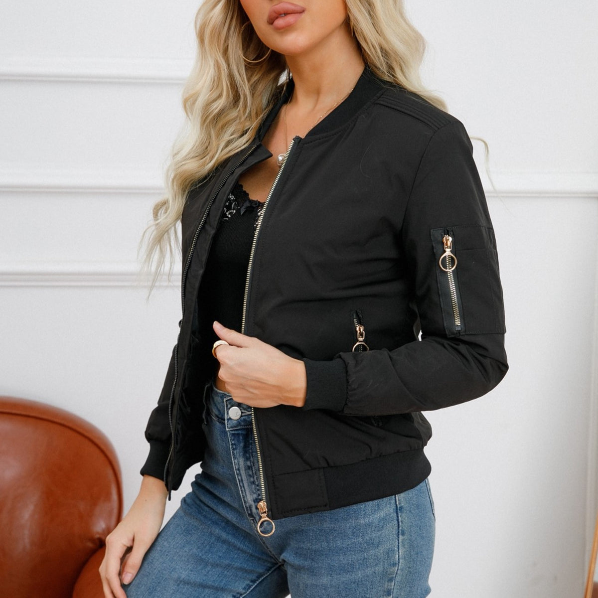 Ring Zip Quilted Lined Bomber Jacket - Black - 6
