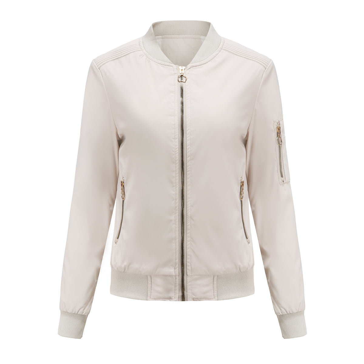 Ring Zip Quilted Lined Bomber Jacket - Ivory
