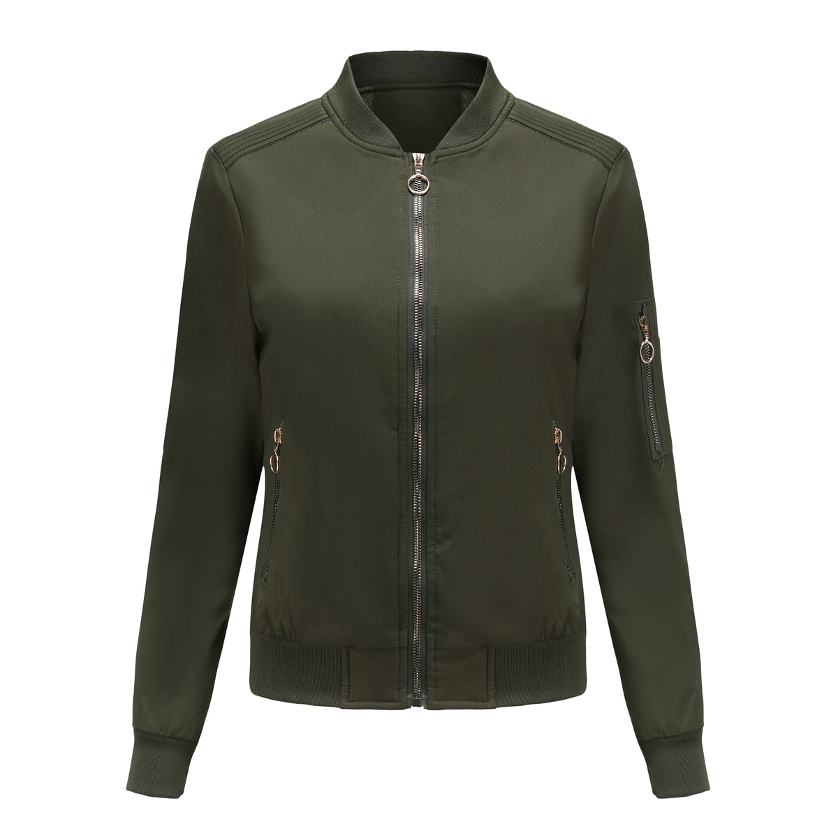 Ring Zip Quilted Lined Bomber Jacket - Olive