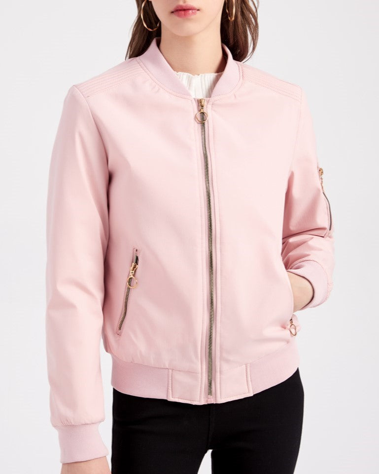 Ring Zip Quilted Lined Bomber Jacket - Pink