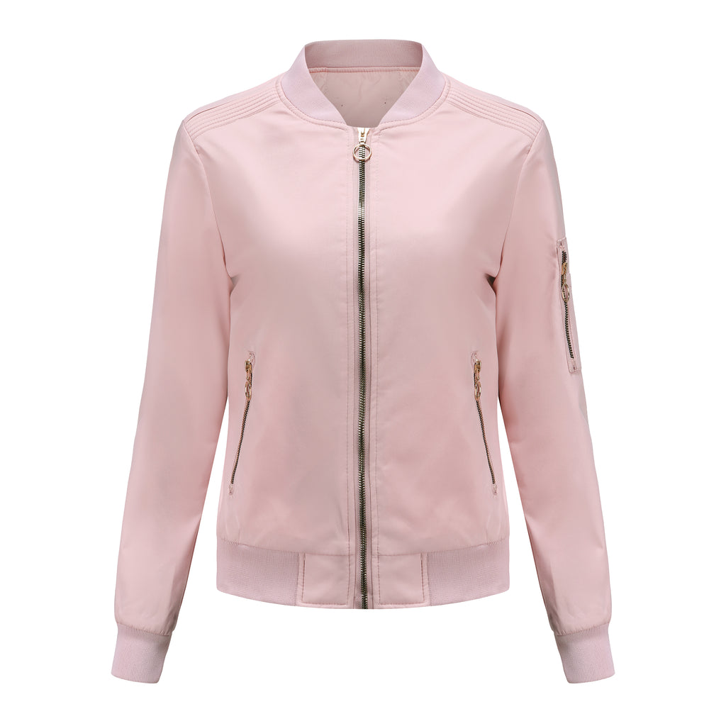Ring Zip Quilted Lined Bomber Jacket - Pink - 1