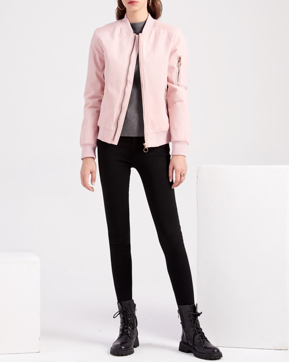 Ring Zip Quilted Lined Bomber Jacket - Pink - 2