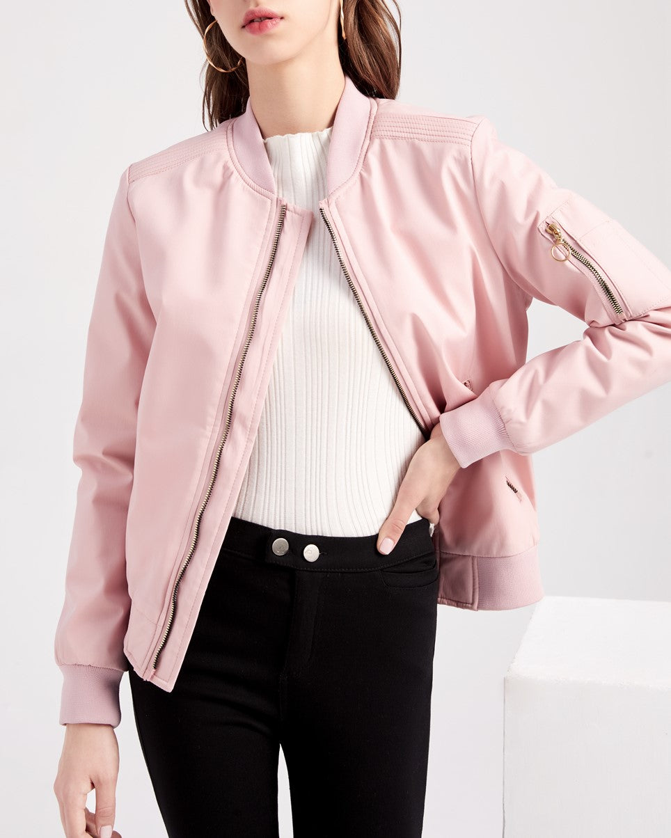 Ring Zip Quilted Lined Bomber Jacket - Pink - 3