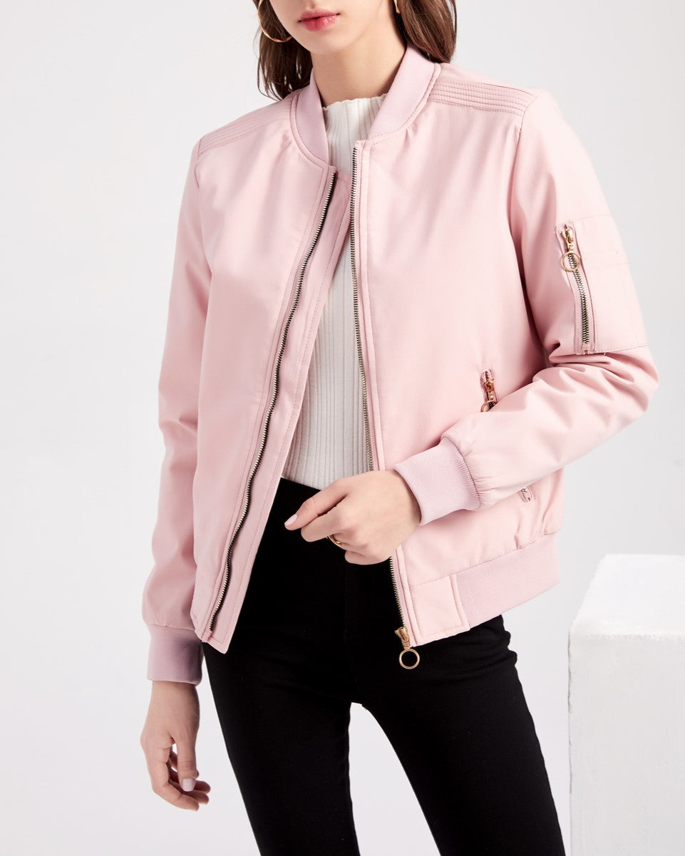 Ring Zip Quilted Lined Bomber Jacket - Pink - 4
