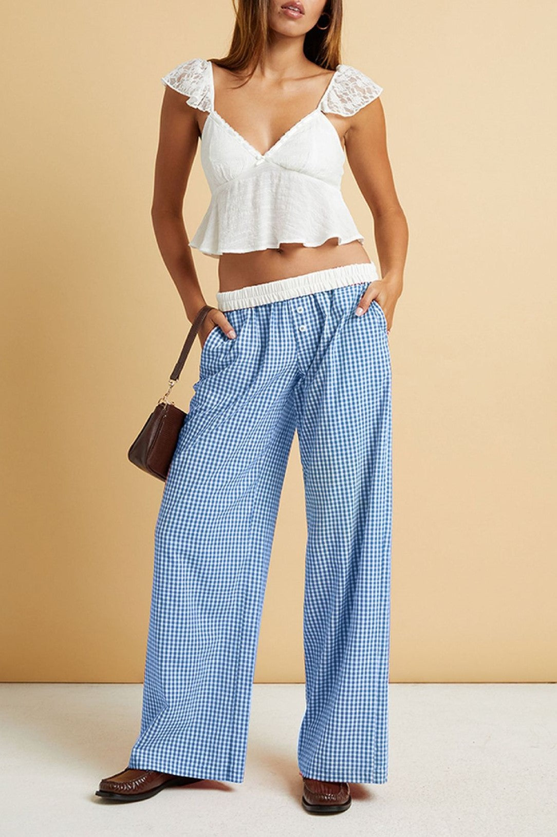 Gingham Check Wide Leg Pull On Pants - Blue