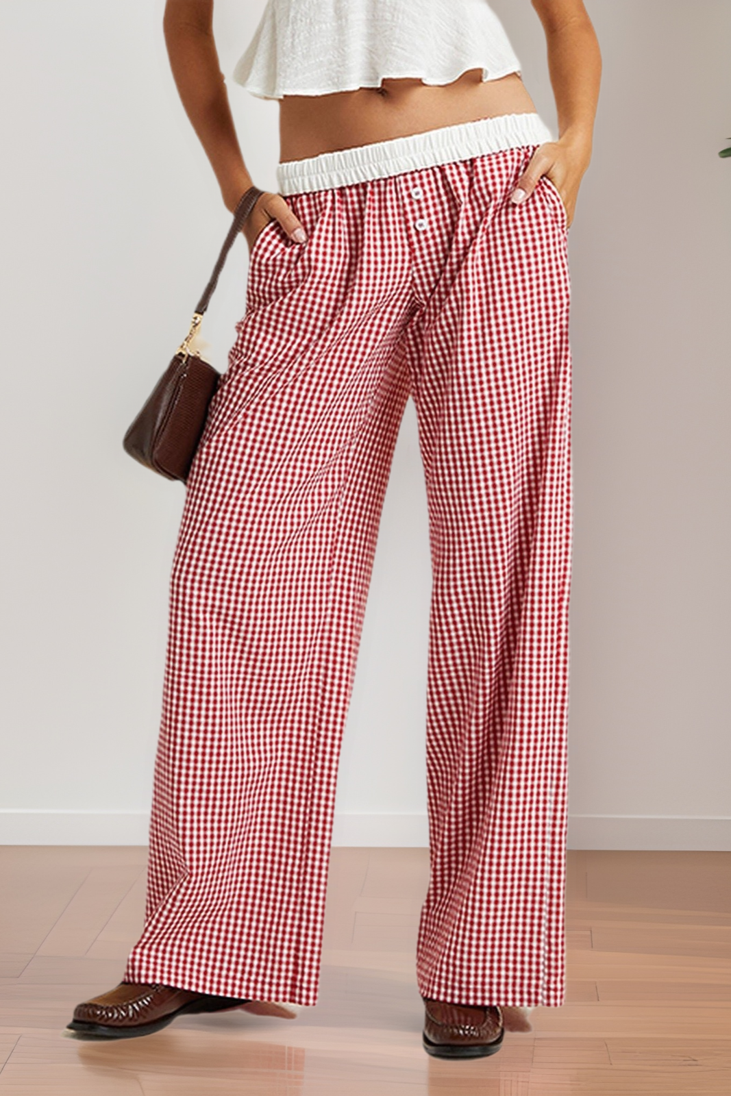 Gingham Check Wide Leg Pull On Pants - red
