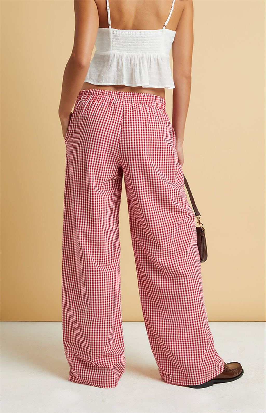 Gingham Check Wide Leg Pull On Pants - red - 2