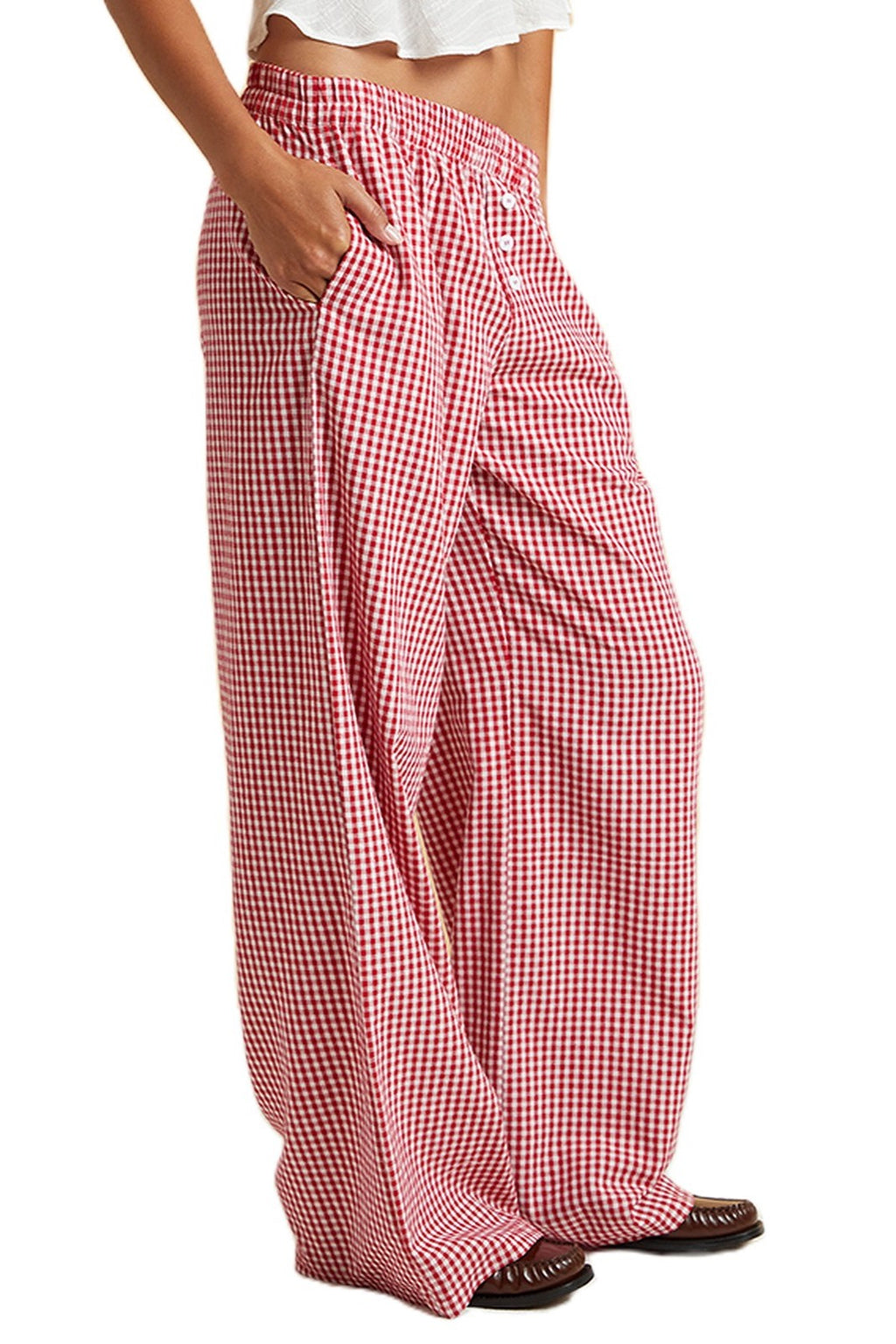 Gingham Check Wide Leg Pull On Pants - red - 3