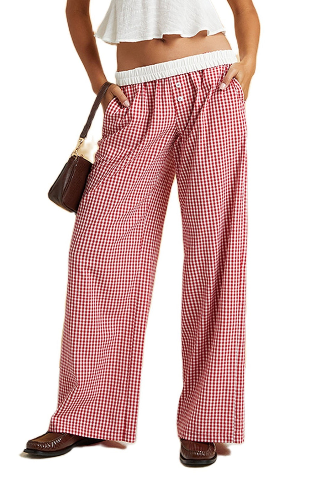 Gingham Check Wide Leg Pull On Pants - red - 4