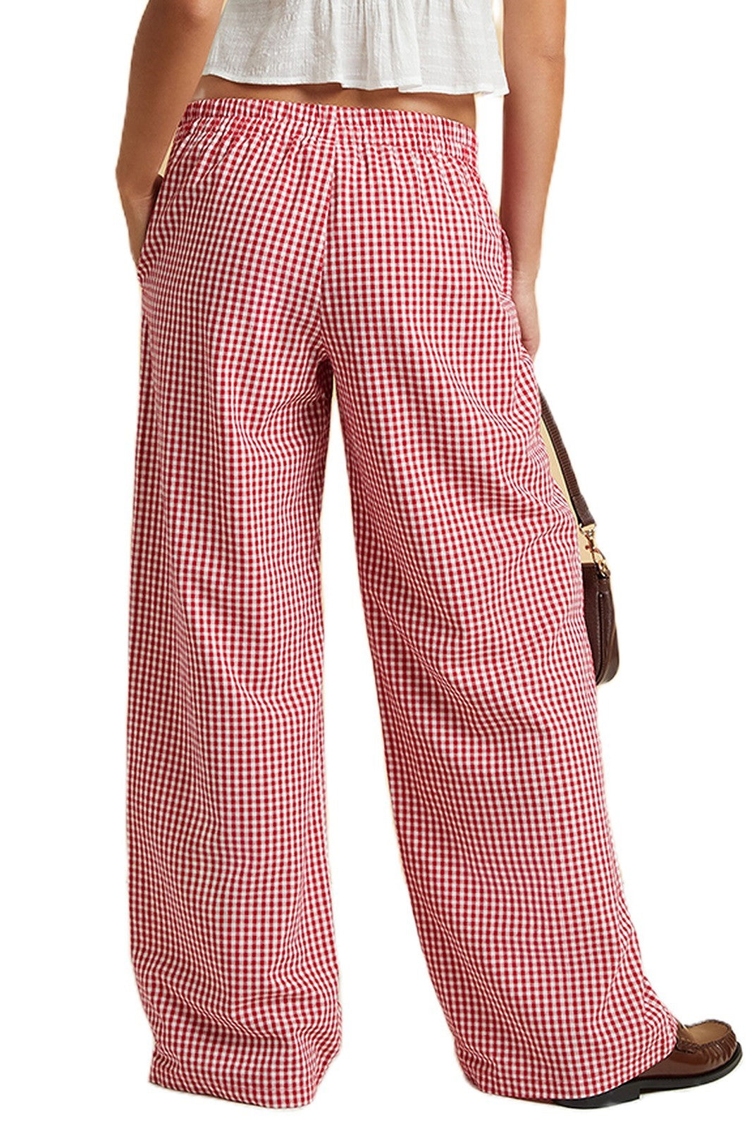 Gingham Check Wide Leg Pull On Pants - red - 5