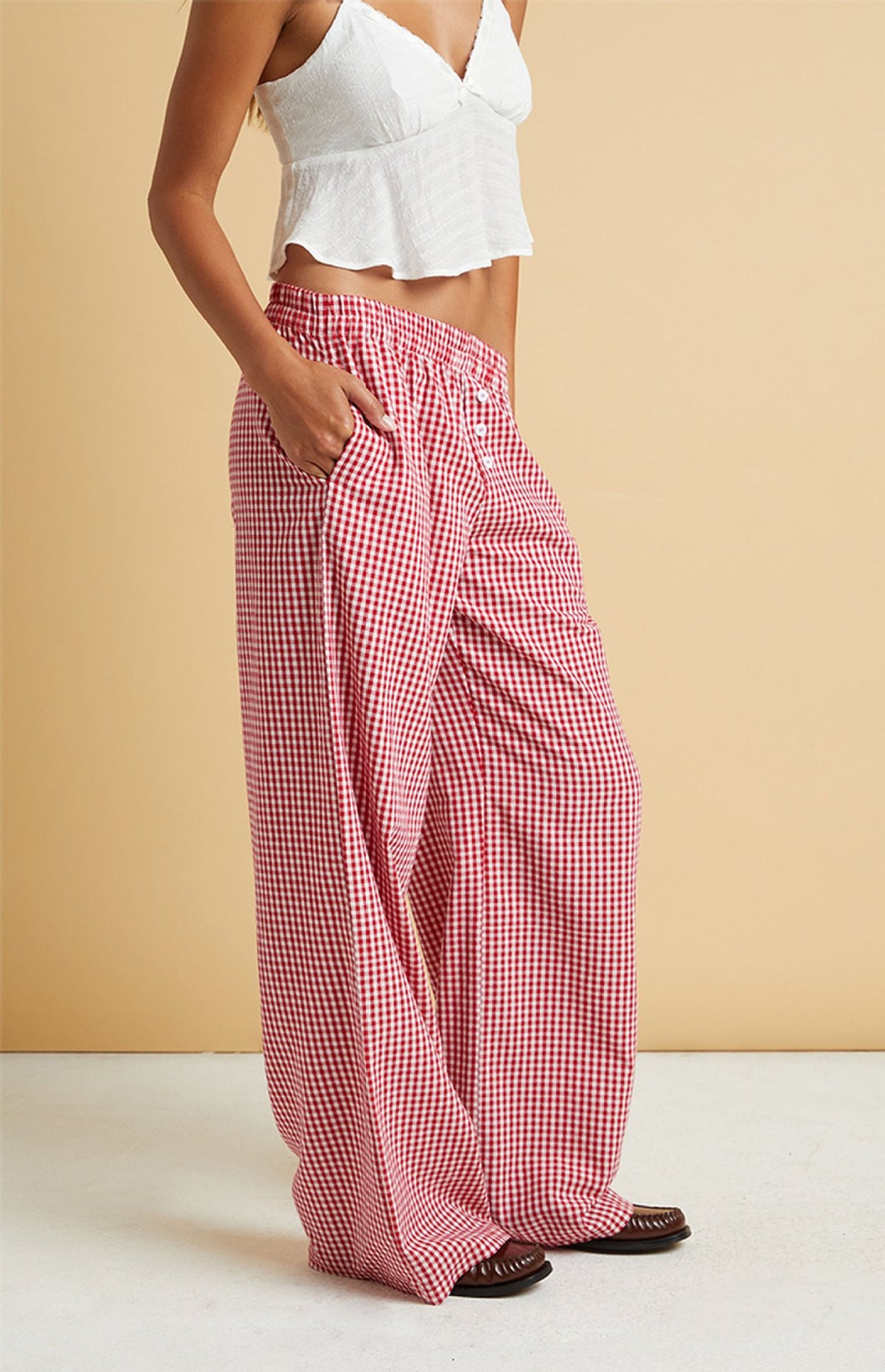 Gingham Check Wide Leg Pull On Pants - red - 8