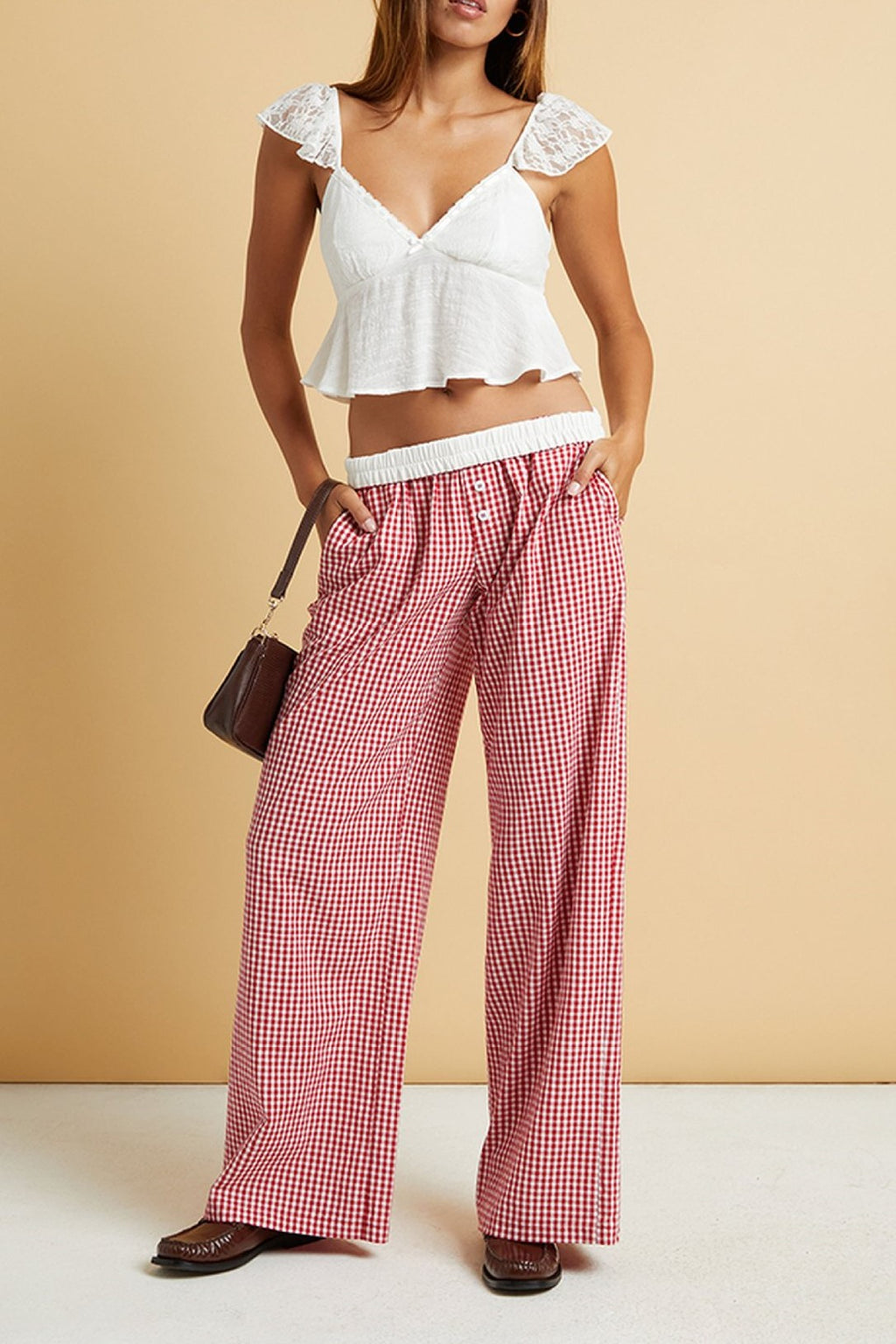 Gingham Check Wide Leg Pull On Pants - red - 9