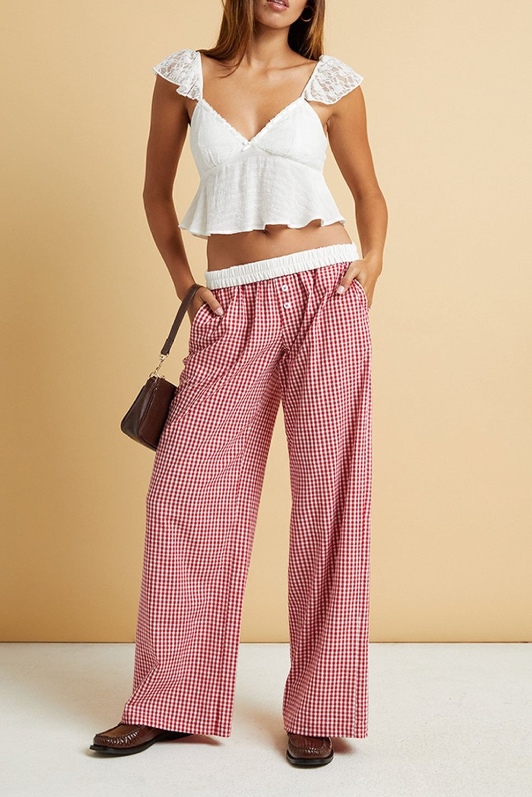 Gingham Check Wide Leg Pull On Pants - red - 9