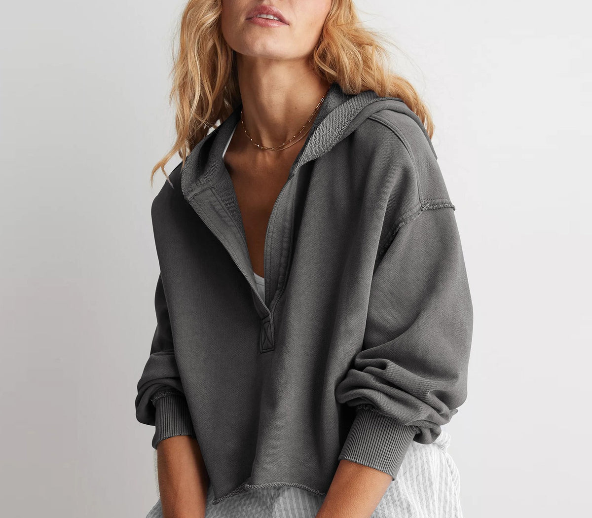 Cropped Quarter Zip Hooded Sweatshirt - DarkGrey