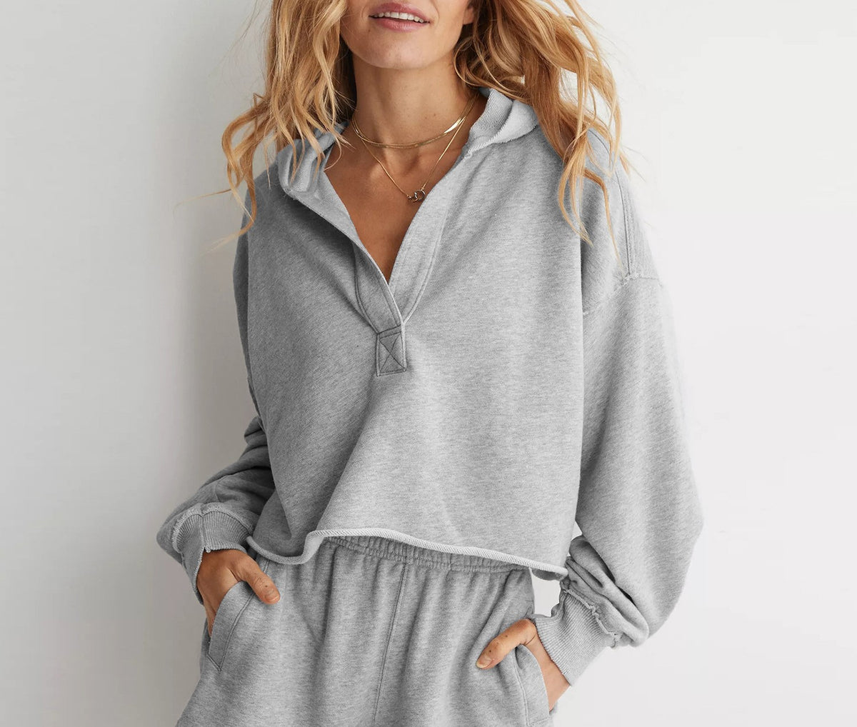 Cropped Quarter Zip Hooded Sweatshirt - Gray