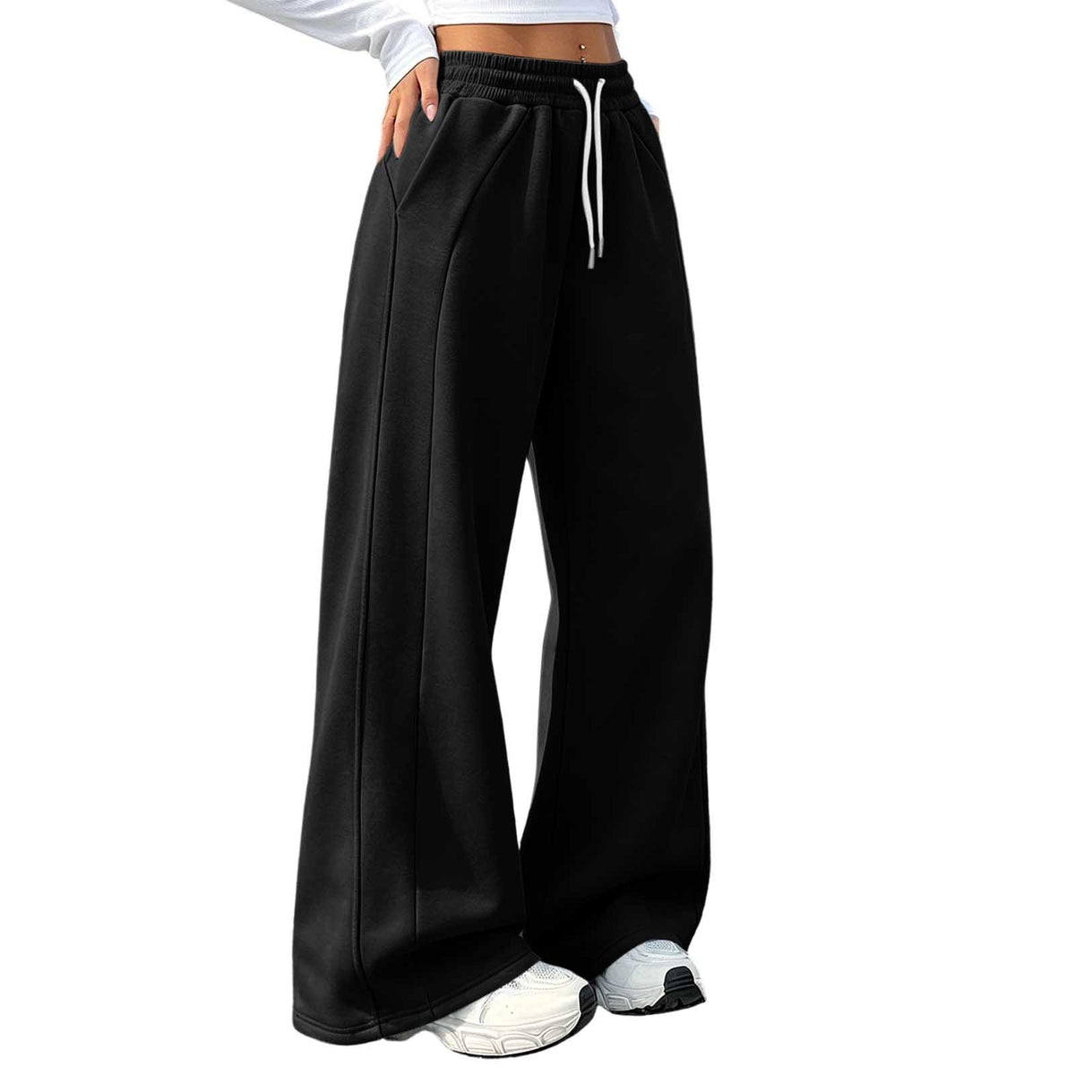 Fleece Front Seam Drawstring Wide Leg Sweatpants