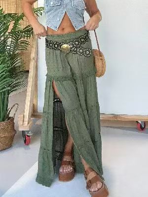 Tiered Boho Maxi Skirt With Slit - Olive