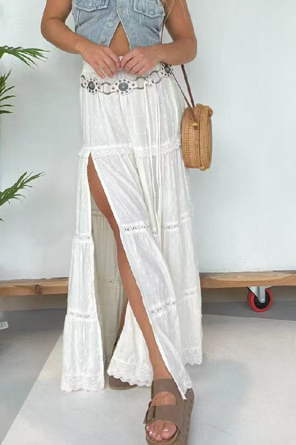 Tiered Boho Maxi Skirt With Slit - white