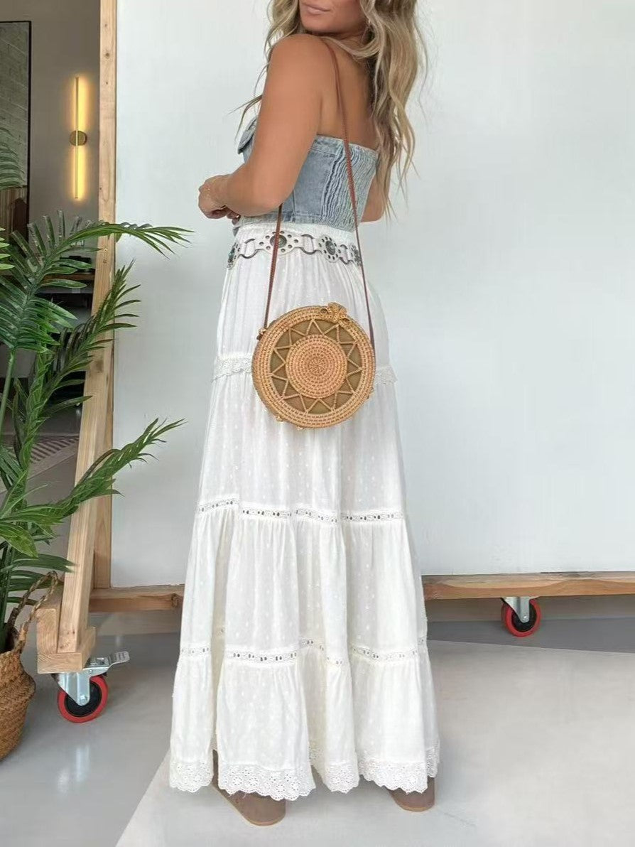 Tiered Boho Maxi Skirt With Slit - white - 2