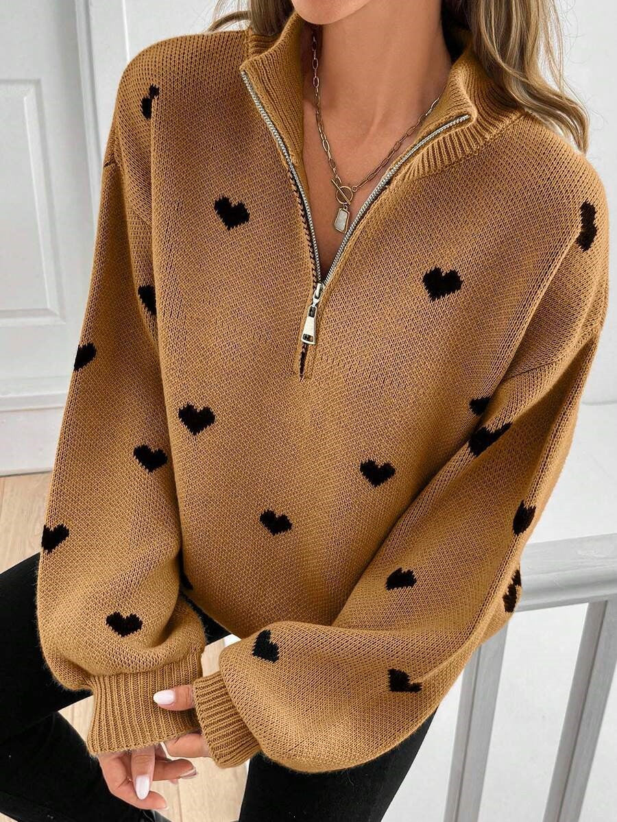 Heart Print Quarter Zip Knit Sweater - Caramel