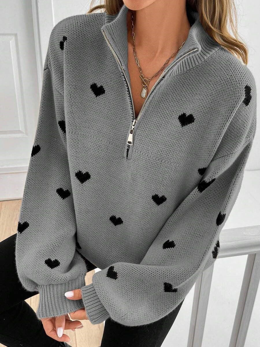 Heart Print Quarter Zip Knit Sweater - Grey