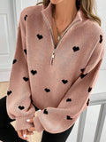 Heart Print Quarter Zip Knit Sweater - Pink