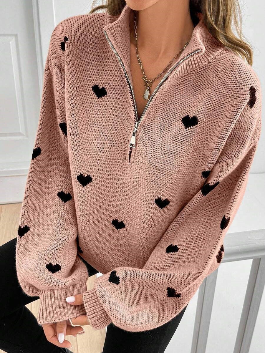 Heart Print Quarter Zip Knit Sweater - Pink