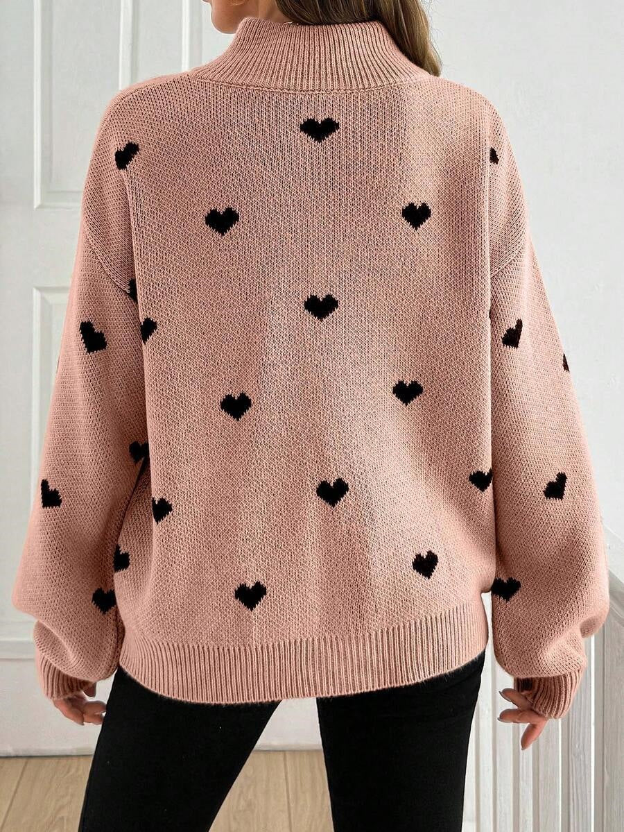 Heart Print Quarter Zip Knit Sweater - Pink - 1