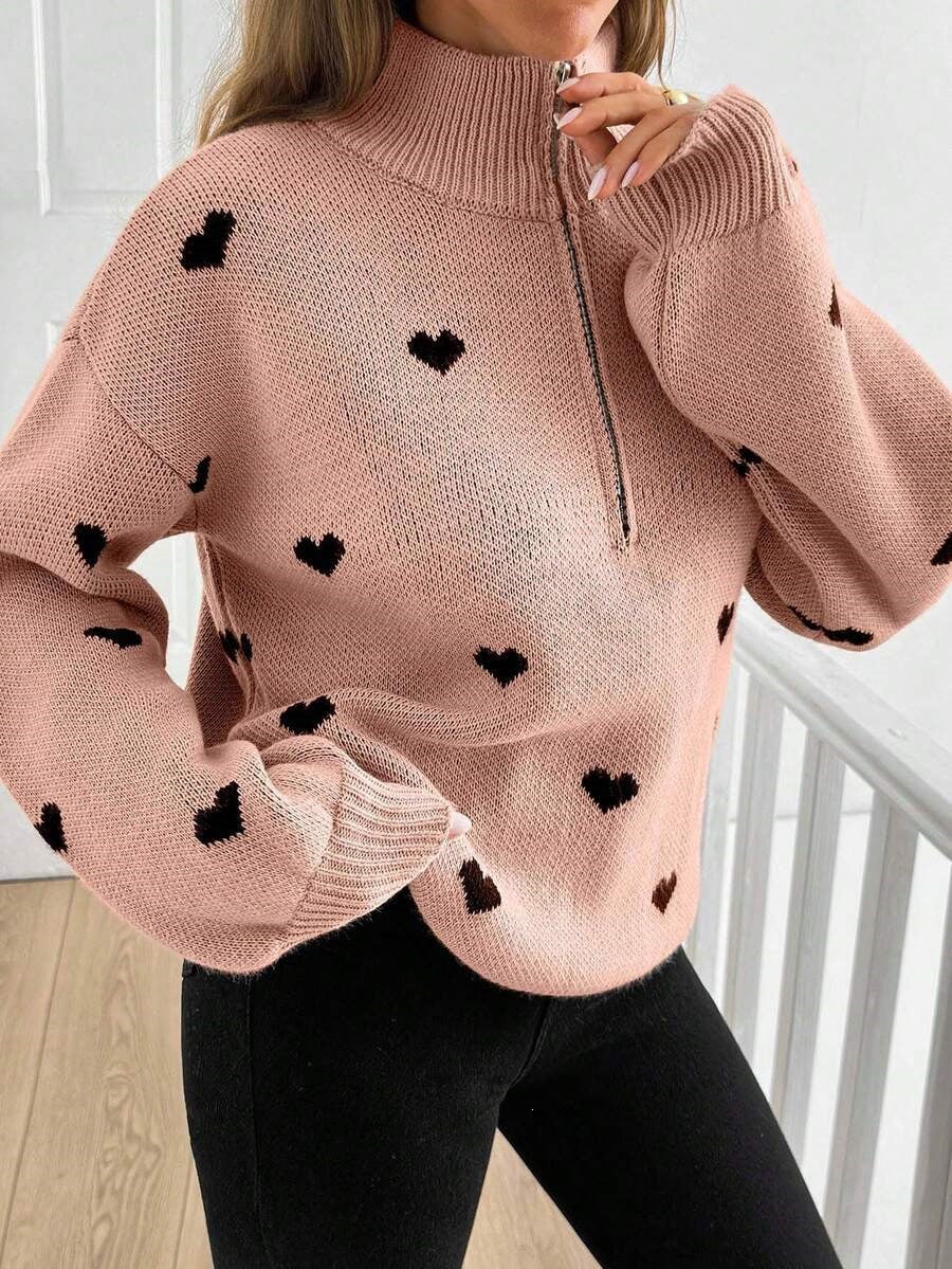 Heart Print Quarter Zip Knit Sweater - Pink - 2