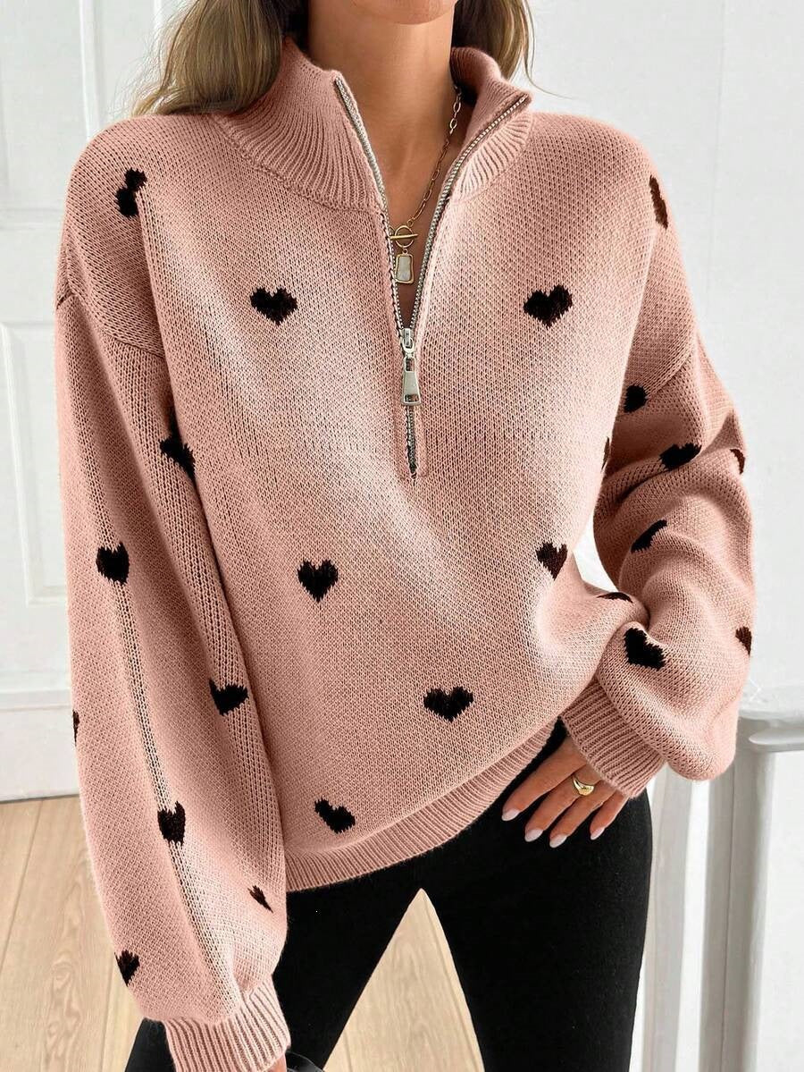 Heart Print Quarter Zip Knit Sweater - Pink - 3