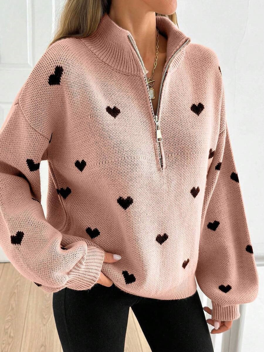 Heart Print Quarter Zip Knit Sweater - Pink - 4