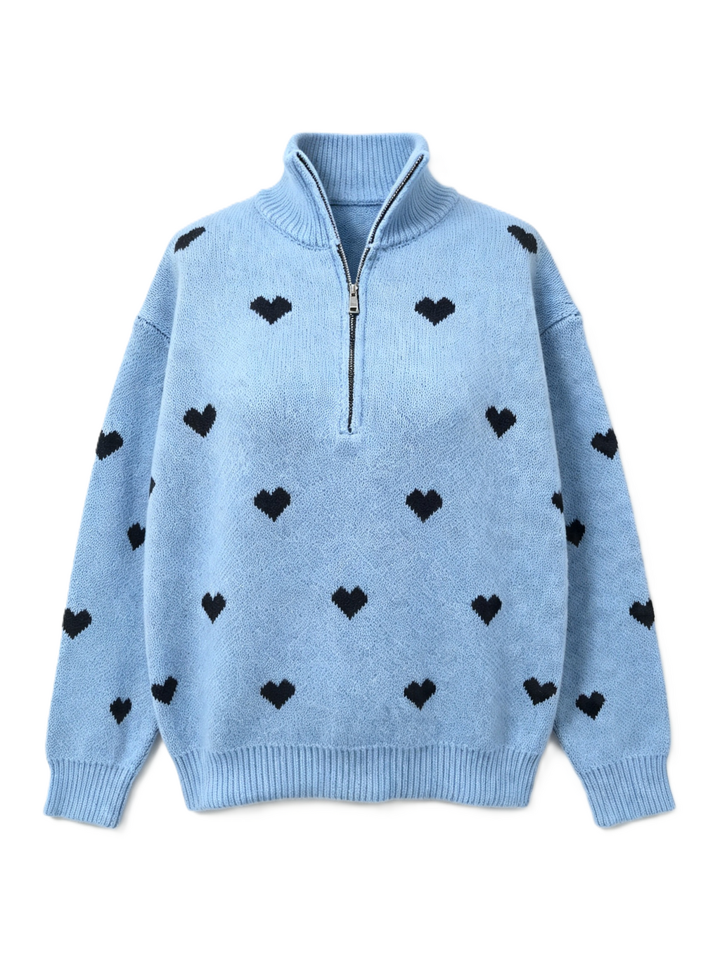 Heart Print Quarter Zip Knit Sweater - SkyBlue