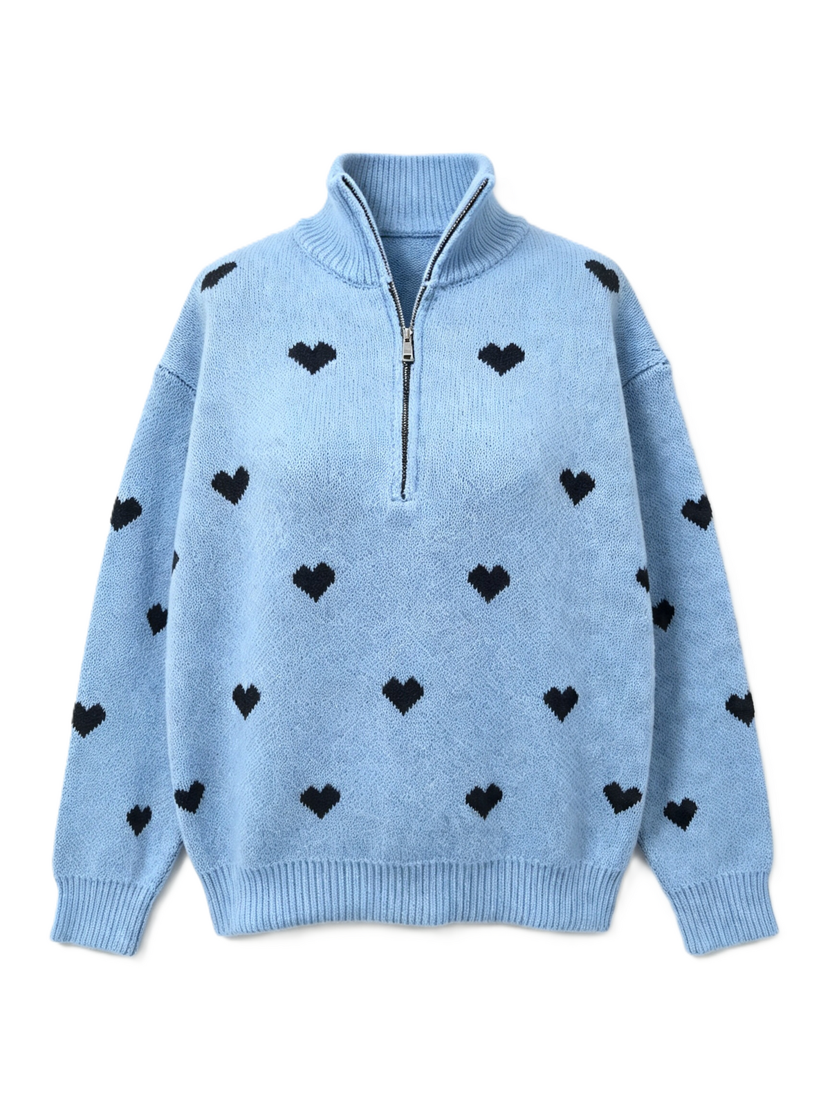 Heart Print Quarter Zip Knit Sweater - SkyBlue