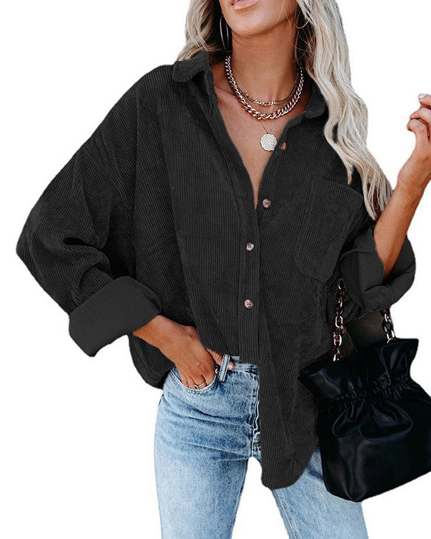 Drop Shoulder Corduroy Shirt With Chest Pockets - Black