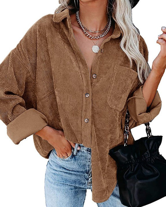 Drop Shoulder Corduroy Shirt With Chest Pockets - Camel