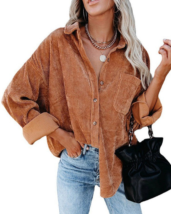 Drop Shoulder Corduroy Shirt With Chest Pockets - Caramel
