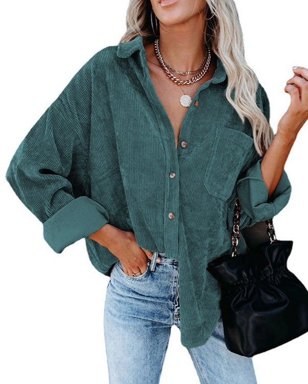 Drop Shoulder Corduroy Shirt With Chest Pockets - Green