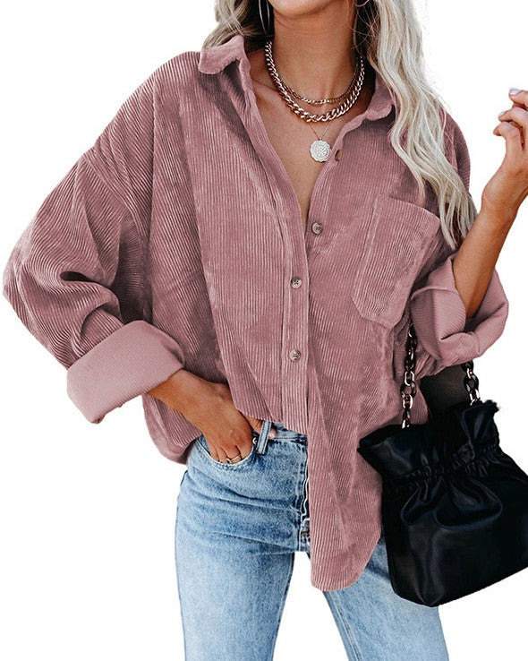 Drop Shoulder Corduroy Shirt With Chest Pockets - Pink